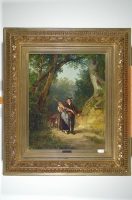 Fay Leistern, dänischer Künstler des 20.Jh., Kavaliersszene: Bauernpaar auf Waldweg, links unten signiert und auf Plakette bez., Öl/Lwd, Rahmen ...