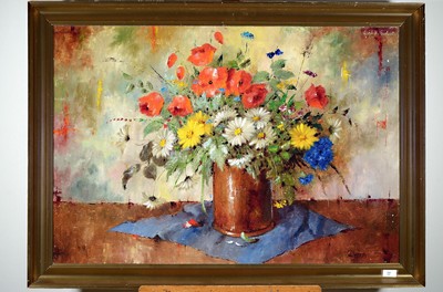 Carl Holger Fischer, 1898-1955 dänisch, Blumenstillleben mit bunten Sommerblumen, rechts oben signiert, Öl/Lwd, Rahmen, 80x103 cm