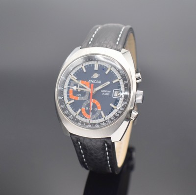 ENICAR Grapho-Matic Herrenarmbanduhr mit Chronograph in Stahl, Schweiz 1970er Jahre, Automatik, Boden verschr., blaues Zifferbl. m. aufges. ...