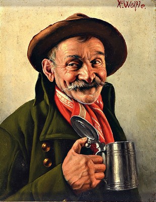 Franz Xaver Wölfle, 1887-1972, Charakterporträt, Bauer in Tracht mit Bierhumpen, rechts oben signiert, Öl/Holz, Rahmen, 36x33 cm