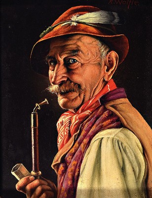 Franz Xaver Wölfle, 1887-1972, Charakterporträt, Bauer mit Pfeife, rechts oben signiert, Öl/Holz, Rahmen,37x33 cm