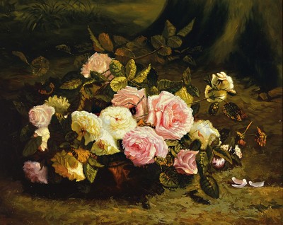 Kober, Künstler des 20.Jh., üppiger Rosenkorb, rechts unten signiert, Öl/Holz, Rahmen, 57x69 cm