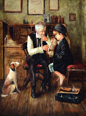 Ludwig Mucke, Künstler des 20.Jh., Genreszene, Großvater mit seinem Enkel in der Werkstatt, links unten signiert, Öl/Holz, Rahmen, 58x48 cm