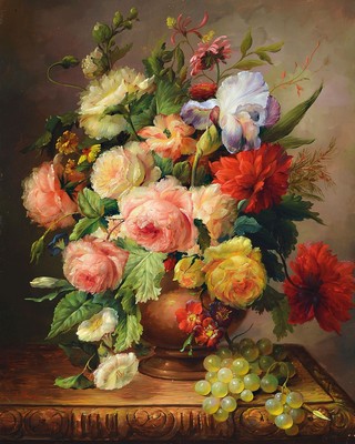 J. Merz, Künstler des 20.Jh., reiches Blumenstillleben mit Pfingstrosen und Trauben, links unten signiert, Öl/Holz, Rahmen, 70x58 cm