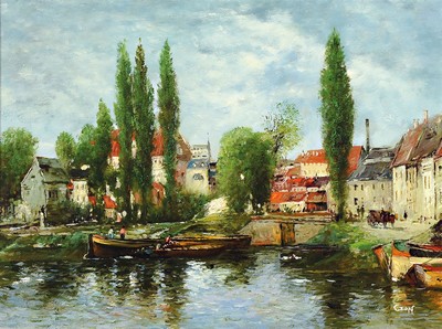 Carl Zopf, 1858 Neuruppin-1944 München, Blick auf den Hafen einer nordeuropäischen Stadt, rechts unten signiert, Öl/Holz, Rahmen, 47x57 cm