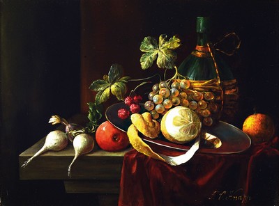 Oskar F. Knapp, 1914-1987, Speisestillleben mit Vanitas Symbolik, rechts unten signiert, Öl/Holz, Rahmen, 52x62 cm