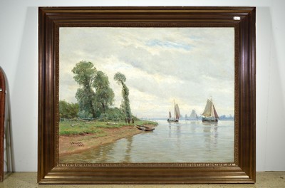 Rudolf Bissen, 1846-1911 Randboldal, große Flusslandschaft belebte Szene mit Segelbooten und Figurenstaffage, rechts unten signiert und datiert ...