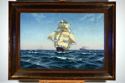 Albert Nyby, dänischer Künstler des späten 19 .Jh., maritime Landschaft, Segel- und Dampfschiff auf hoher See, rechts unten signiert, Prunkrahmen, ...