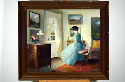 Edith Gert, 1906-1983 dänisch, Interieurszenen, Dame am Fenster, Öl/Lwd, rechts unten signiert, Rahmen, ca. 66x72cm/ 82x90cm