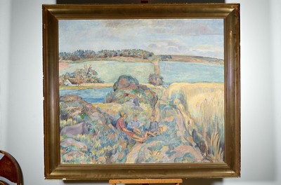 Carl Rassmuss (?), 3 Knaben in Erntelandschaft, aufgelockert-impressiver Duktus, rechts unten signiert und datiert 1925, Rahmen, 119x134 cm