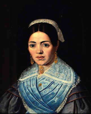 Anonymer Porträtist der Mitte des 19.Jh., junge Frau vor Rundbogen-Nische, Schmuck, Kleidung und Haartracht der Zeit um 1800, gute Stofflichkeit, ...