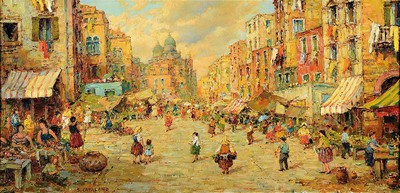 Salvatore Catelano, geb. 1900 Venedig, bekannter ital. Kunstmaler, reich belebte venezianische Straßenszene, Blick entlang des Marktes auf den ...
