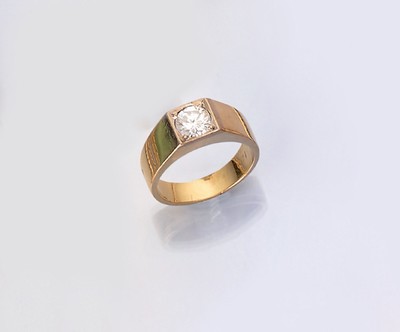 14 kt Gold Brillant-Ring, GG 585/000, Brillant ca. 1.20 ct Weiß/p1, RW 59, ca. 8.3 g