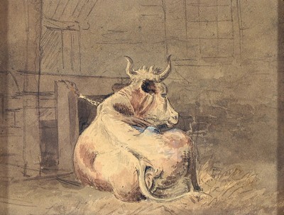 Zuschreibung: Friedrich Salathé, 1793 Binningen bei Basel-1858 Paris, 2 Skizzen, 1x liegende Kuh im Stall, Aquarell auf Papier, ca. 9.5x13cm; 1x ...