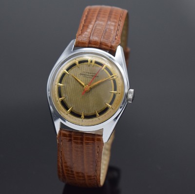 JUNGHANS Chronometer Herrenarmbanduhr mit Kaliber 82/1, Deutschland um 1954, Handaufzug, verchr. Geh., Stahlboden geschr., schönes mehrfarb. ...