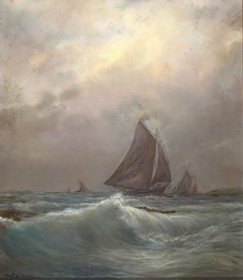 Prof. W. Mehl, Maler des 20. Jh., Segelboote bei Nacht auf bewegter See, Öl/ Malkarton, links unten signiert, ca. 45x39 cm, R. ca. 55x48cm