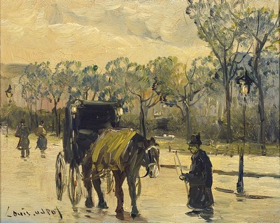 Louis van der Pol, 1915 Amsterdam-1986 Abcoude, Winter in der Stadt, Kutsche und Kutscher in einer Allee, Öl/Lwd, links unten signiert, ca. 24x30cm, ...