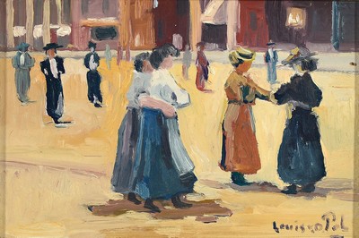 Louis van der Pol, 1915 Amsterdam-1986 Abcoude, Personen auf der Straße, Öl/Holz, rechts unten signiert, ca. 17x27cm, R. ca. 30x38cm