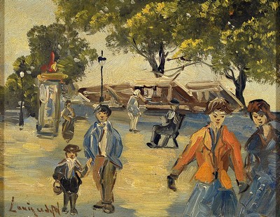 Louis van der Pol, 1915 Amsterdam-1986 Abcoude, Personen im Park, Öl/Holz, links unten signiert, ca. 24x30cm, R. ca. 44x50cm