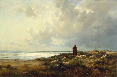 Georges Ernest Chauvier de Leon, 1835 Paris-1907, Schäfer mit seiner Herde in den Dünen an der Küste, Öl/Lwd, rechts unten signiert, ca. 31x46cm, ...