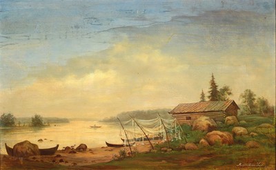 Maximilian Leo, Münchener Maler des 20. Jh., Fischerhütte am See, Öl/Hartfaser, feine lasierende Malerei, rechts unten signiert und dat. 40, ca. ...