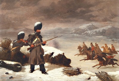 Zuschreibung: Axel Johan Fägerplan, 1788 Westgotland-1865 Stockholm, Verschneite Winterlandschaft mit angreifender Kavallerie und verteidigenden ...