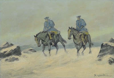 Unleserlich signiert, um 1950, zwei Reiter im Schneesturm, Öl/Lwd, rechts unten unleserlich signiert, ca. 45x65cm, R. ca. 60x80cm