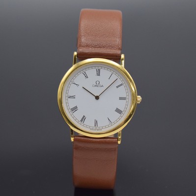 OMEGA De Ville Armbanduhr, Schweiz um 1990, quarz, Ref. 195 0075.1, verg. Gehäuse, Stahlboden aufgedr., weißes Zifferbl. m. röm. Zahlen, gold. ...