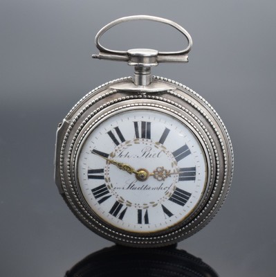JOH. RIEL in Stadtamhof große silberne Spindeluhr mit Übergehäuse, Deutschland um 1820, glattes gestuftes Innengeh., Schildpatt- bezog. ...