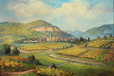 Eduard Opp, pfälzer Maler der 1. Hälfte des 20. Jh., Weiter Blick auf Frankweiler, Öl/Lwd, rechts unten signiert und dat. 1958, ca. 46x68cm, R. ...