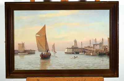 Johann Jens Neumann, 1860-1940 Kopenhagen, Fischerboote vor dem Hafen, Öl/Lwd, links unten signiert, ca. 41x69cm, R. ca. 50x73cm
