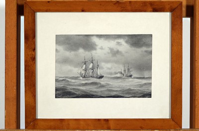 Carl Emil Baagoe, 1829-1902 Kopenhagen, Segelschiffe auf ruhiger See, Bleistift auf Papier, links unten sign. und dat. 82, ca. 14.5x21.5cm, PP, ...