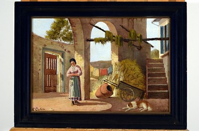 Georg Nicolai Achen, 1860 Frederiksund -1912 Kopenhagen, Frau im Innenhof, Öl/Holz, links unten signiert,ca. 27x40cm, R. ca. 34x 47cm