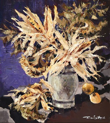 Robert Trätzl, 1913-1986 München, Blumenstillleben mit Sonnenblumen, Maiskolben und Äpfeln auf kobaltblau-violettem Grund, Öl/Lwd, rechts unten ...