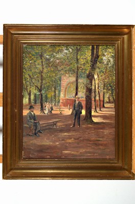 Unbekannter Künstler, um 1900, Personen im Park, Öl/Lwd, unsigniert, ca. 41x33cm, R. ca. 53x45cm