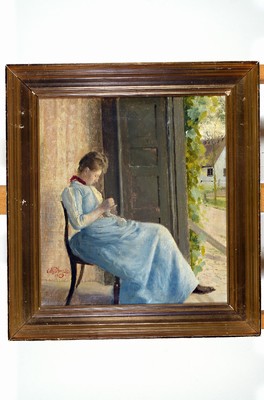 Otto Petersen Balle, 1865-1916, Junge Frau mit Handarbeit an der offenen Tür sitzend, Öl/Lwd, links unten signiert und dat. 1889, ca. 37x33cm, R. ...