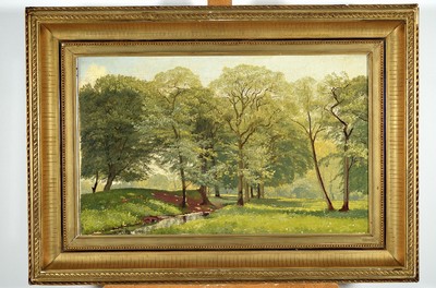 Unbekannter Künstler, um 1900, Sonnenbeschienene Bäume am Wiesenrand, Öl/Lwd, impressionistische Malweise, unsign., ca. 38x60cm, R. ca. 58x80cm