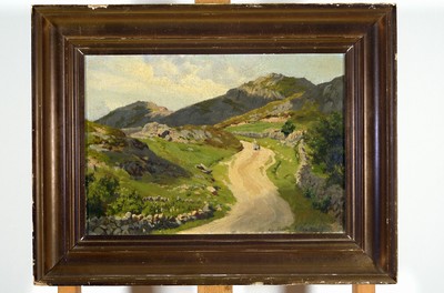 August Fischer, 1854-1921 Kopenhagen, Hügelige Landschaft mit Personen auf einem Weg, Öl/Lwd, sollte neu gespannt werden, rechts unten signiert und ...