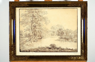 Simon Warnberger, 1796 Pullach-1847 München, Baumbestandenes Flußufer, lavierte Tuschfederzeichnung auf Papier, rechts unten signiert, leicht ...