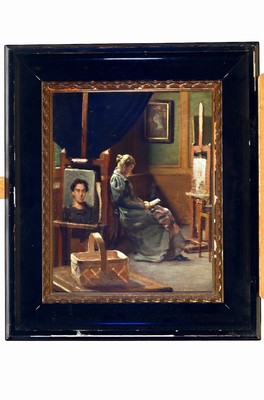 Unbekannter Künstler, um 1900, Bildnis einerDame im Maleratelier, lt. Einl. wohl Bildnis Bertha Wegemanns, Öl/Lwd, unsigniert, ca. 47x38cm, R. ca . ...