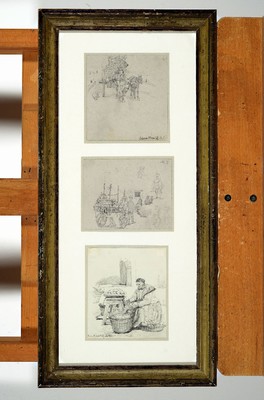 Johann Adolph Kittendorff, 1820-1902 Kopenhagen, 3 Bleistiftzeichnungen auf Papier, bäuerliche Szenen, jeweils monogr., 2 dat. 69, je ca. 12x11cm, ...