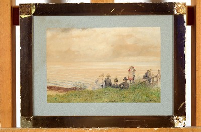 Johann Adolph Kittendorff, 1820-1902 Kopenhagen, Personen am Strand und Steg, Farbstift und Aquarell auf Papier (leicht gebräunt), mittig unten ...