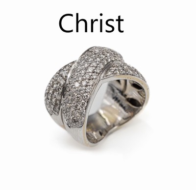 18 kt Gold CHRIST Brillant Ring, WG 750/ 000, überkreuzte Schiene bes. mit ca. 150 Brillanten zus. ca. 3.00 ct feines Weiß-Weiß/ vs-si, RW 54, ...