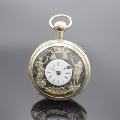 Offene Spindeltaschenuhr mit 1/4 Repetition & Jacquemart, Schweiz um 1820, späteres Nickelgeh., emaillierter Rückdeckel, Emailzifferbl. (später) ...