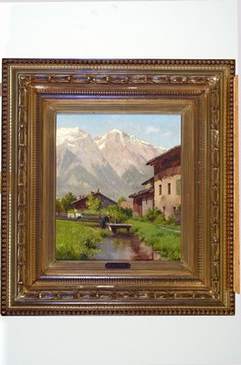 Zuschreibung: August Fischer, 1854-1921 Kopenhagen, Landschaft bei Innsbruck mit Wäscherin am Bach, Öl/Lwd, ca. 40x30cm, Rahmen mit Namensschild ...