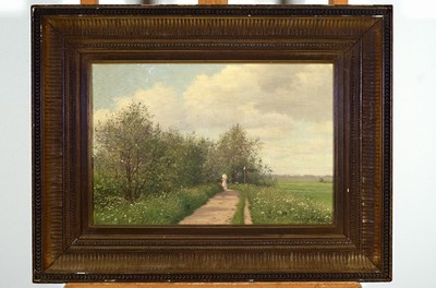 Adolph Larsen, 1856-1942 Kopenhagen, Sommerliche Landschaft mit Spaziergängerin mit Sonnenhut, Öl/Lwd, rechts unten signiert, ca. 29x43cm, R. ca. ...