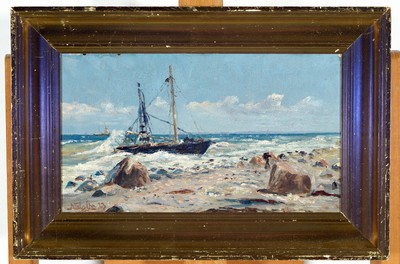 Niels Peter Christiansen, 1873 Eskebjerg-1960, Segelschiff am felsigen Strand, Öl/Lwd, links unten sign., ca. 20x 33cm, R. ca. 28x42cm