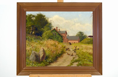 Carl Milton Jensen, 1855 Slagelse-1928 bei Aarhus, Blick auf einen Bauernhof mit Hühnern und Wachhund, Öl/Lwd, rechts unten signiert und dat. 1914, ...