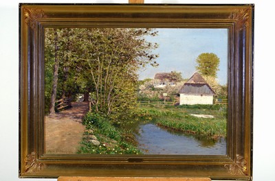 Axel Frederiksen, 1881 Aarhus-1961, Sommerliche Landschaft mit Bachlauf und Bauernhaus, Öl/Lwd, links unten signiert, ca. 44x63cm, R. ca. 57x75cm