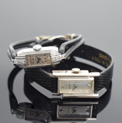 LeCoultre & ELGIN 2 Art Deco Damenarmbanduhren in Platin & WG 585/000, Schweiz um 1925/1940, Handaufzug, 1x Anstöße m. Diamanten bes., 1) Elgin, ...